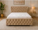 Stone Beige Oxford Super King Bed – Luxury Upholstered Headboard with Premium Mattress