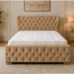 Stone Beige Oxford Super King Bed – Luxury Upholstered Headboard with Premium Mattress