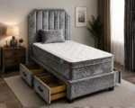 Elegant Charcoal Grey Divan Upholstered Bed – Contemporary Style–Single Bed with Mattress - Image 2