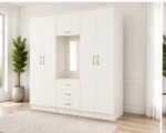 Cream White Mirrored Wardrobe – Six Door Design with Elegant Drawers - Image 2