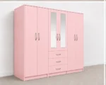6 Door Pink Wardrobe with 3 Drawers & Mirror - Modern Bedroom Storage Cabinet