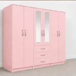 6 Door Pink Wardrobe with 3 Drawers & Mirror - Modern Bedroom Storage Cabinet