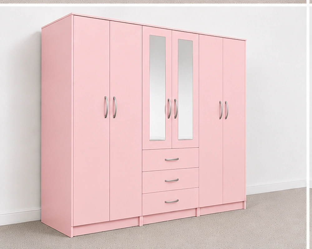 Beautiful Pink Storage Wardrobe with Mirror Panels 6 Door Pink Wardrobe with 3 Drawers & Mirror - Modern Bedroom Storage Cabinet - Image 1