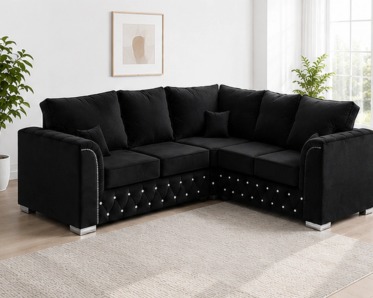Black L Shape Chesterfield Corner Sofa – Luxury Buttoned Design Luxury Camel Corner Sofa – Spacious Modern L-Shaped Fabric Sectional - Image 1