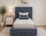 Glamorous Blue Upholstered Single Bed – Luxury Tufted Headboard & Footboard