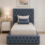 Glamorous Blue Upholstered Single Bed – Luxury Tufted Headboard & Footboard