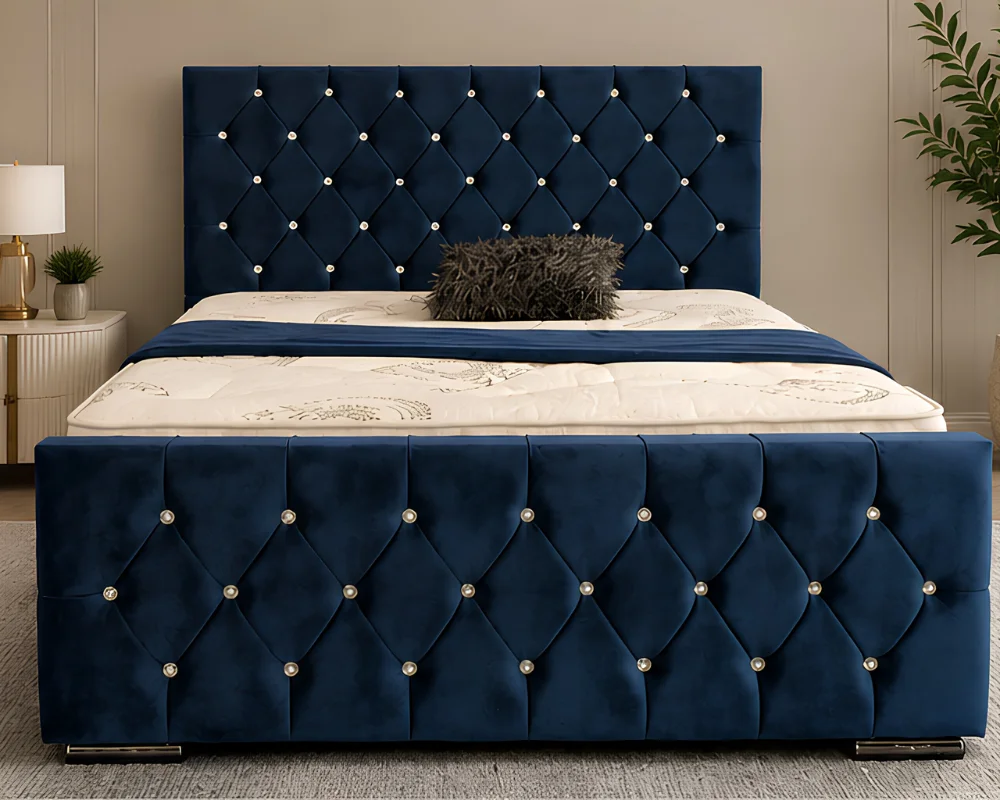 Blue Velvet Button Tufted Bed Design Royal Blue Tufted Bed Frame – Luxury Upholstered Velvet Bedroom Furniture - Image 1