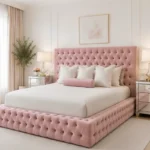 Glamorous Blush Velvet King Bed – Padded Headboard & Footboard