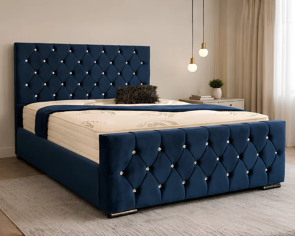 Button Upholstered Blue Velvet Bed Elegant Blue Florida Upholstered King Size Bed – 5ft with Mattress Included - Image 1