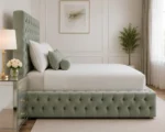 Opulent Sage Green Upholstered Bed – 4ft6 Double with Mattress - Image 3