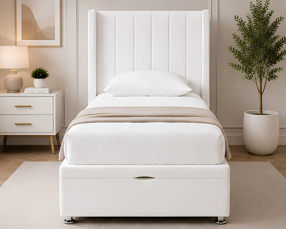 Classic White Single Bed Classic White Ottoman Single Bed – Elegant 3ft Frame with Concealed Storage - Image 1