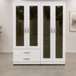 Premium 4 Door Wardrobe with 4 Mirror Panels and 2 Spacious Storage Drawers for Bedroom