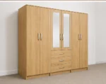 Modern 6 Door Oak Colour Wardrobe with 3 Drawers & 2 Mirrors  –  Bedroom Storage Cabinet