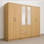 Modern 6 Door Oak Colour Wardrobe with 3 Drawers & 2 Mirrors  –  Bedroom Storage Cabinet