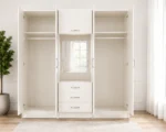 Cream White Mirrored Wardrobe – Six Door Design with Elegant Drawers - Image 3