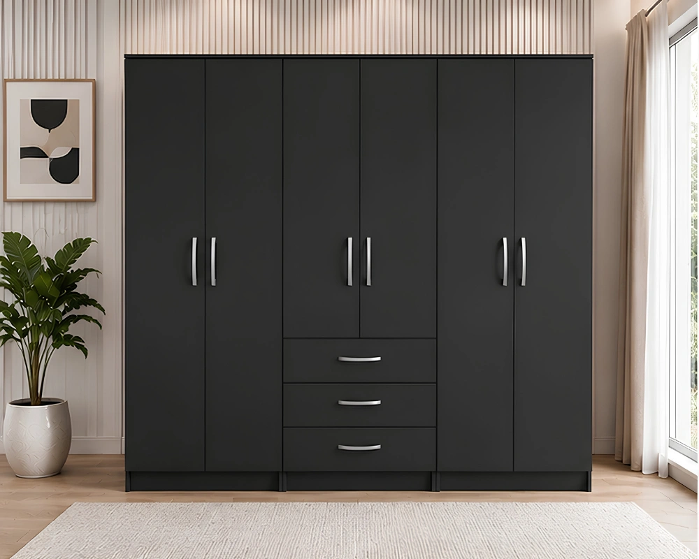 Contemporary Dark Grey 6 Door Wardrobe with Practical Drawers Spacious Bedroom Wardrobe with 6 Doors Practical Three Drawer Storage - Image 1