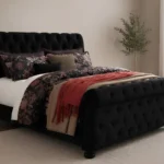 Black Velvet Sleigh King Size Bed - 160 × 200 cm Upholstered Bed