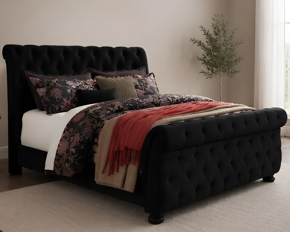 Contemporary Floral Headboard Bed in Rich Black Fabric Black Velvet Sleigh King Size Bed - 160 × 200 cm Upholstered Bed - Image 1