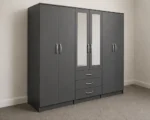 6 Door  black Wardrobe with 3 Drawers & Double Mirrors –  Modern Bedroom Storage Cabinet
