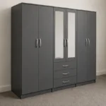 6 Door  black Wardrobe with 3 Drawers & Double Mirrors –  Modern Bedroom Storage Cabinet