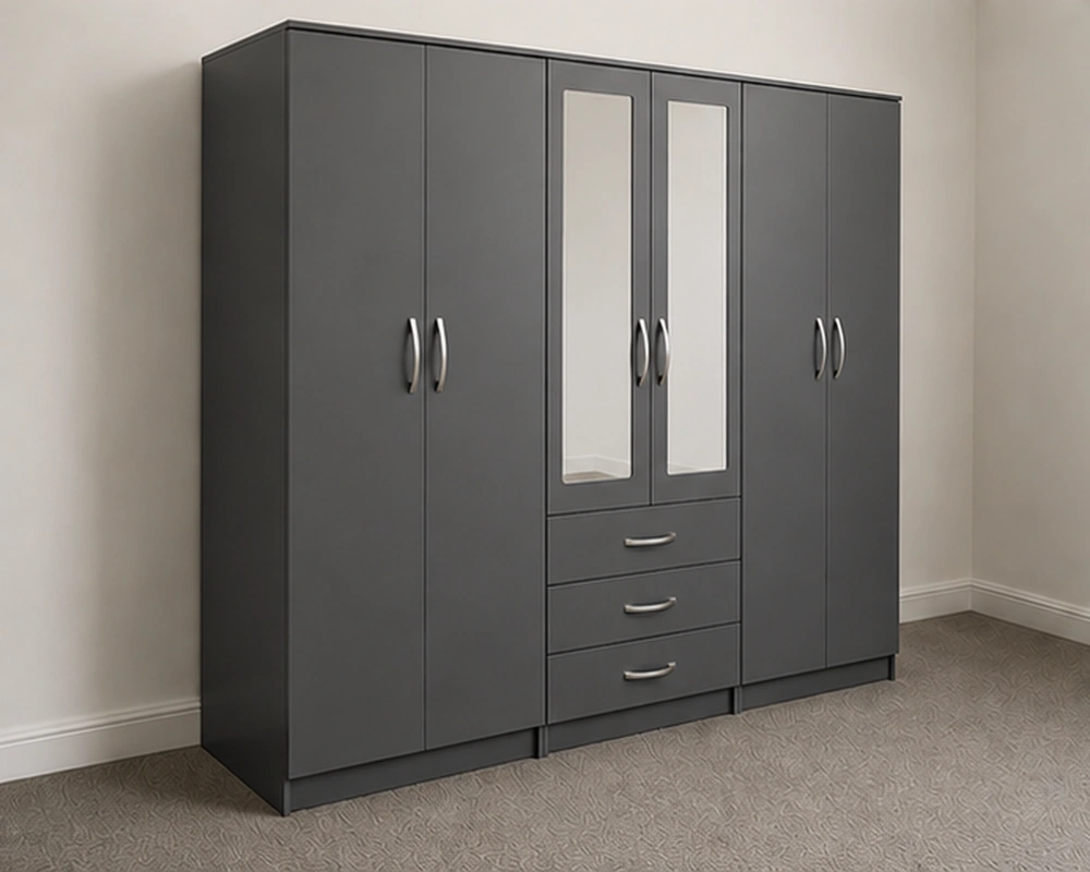Contemporary Two-Side Wardrobe 6 Door black Wardrobe with 3 Drawers & Double Mirrors – Modern Bedroom Storage Cabinet - Image 1