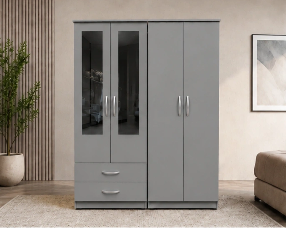 Contemporary Wardrobe with Drawers Modern Bedroom Storage Wardrobe with 4 Doors, 2 Mirrors and 2 Large Drawers - Image 1