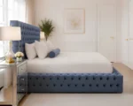 Glamorous Blue Upholstered Single Bed – Luxury Tufted Headboard & Footboard - Image 3