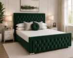 Rich Green Hilton King Bed with Mattress – Stylish Padded Headboard Design