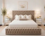 Sophisticated Warm Beige Velvet King Bed – Padded Headboard & Footboard - Image 2