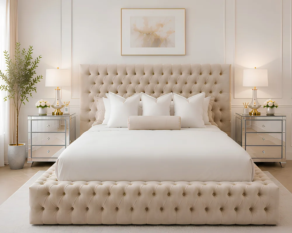 Cream Upholstered Bed Stylish Cream Button-Tufted Double Bed – Complete with Mattress - Image 1