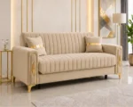 Luxury Turkish Sofa – Beige Fluted 3 Seater Sofa with Gold Accents