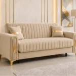 Luxury Turkish Sofa – Beige Fluted 3 Seater Sofa with Gold Accents