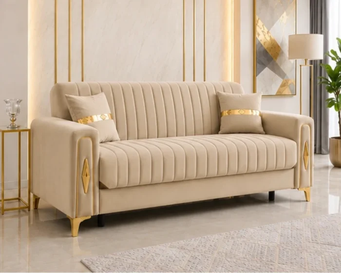 Luxury Turkish Sofa bed – Beige Fluted 3 Seater Sofa bed with Gold Accents