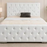 Elegant Ivory White Velvet Double Bed – Plush Tufted Headboard & Matching Footboard-Double Bed with Mattress