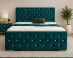 Modern Deep Teal Velvet Bed – Luxury Diamond Quilted Double Bed Frame