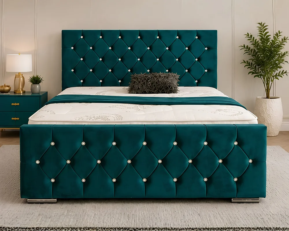 Elegant Bed with Teal Upholstered Headboard Modern Deep Teal Velvet Bed – Luxury Diamond Quilted Double Bed Frame - Image 1