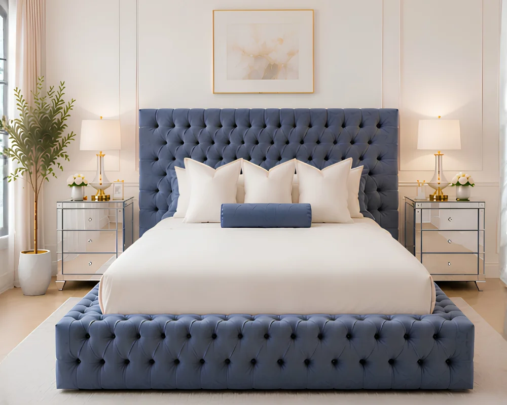 Elegant Bedroom Retreat Royal Navy Blue Double Bed with Mattress – 4ft6-160 × 200 cm - Image 1