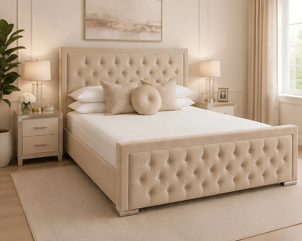 Elegant Beige Bed Elegant Beige Hilton King Size Bed – Premium Upholstered 5ft Bed Frame with Mattress - Image 1