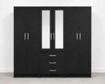 6 Door Black Wardrobe with 3 Drawers & Double Mirrors  –   Modern Bedroom Storage Cabinet - Image 2