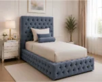 Glamorous Blue Upholstered Single Bed – Luxury Tufted Headboard & Footboard - Image 2