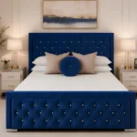 Navy Blue Hilton Double Bed – Sophisticated Padded Upholstery with 160×200 cm Mattress