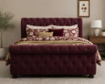 Modern Burgundy Sleigh Bed Frame 4ft6 - Luxury Double Bed - Double Bed with Mattress