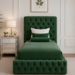 Modern Emerald Green Velvet Single Bed – Glamorous Button-Tufted Bedroom Design