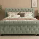 Sage Green Luxury Sleigh Double Bed Frame 4ft6 - Upholstered Velvet Bed