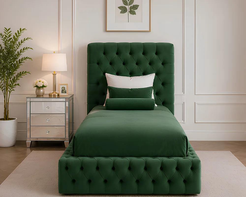 Elegant Green Upholstered Bed Modern Emerald Green Velvet Single Bed – Glamorous Button-Tufted Bedroom Design - Image 1