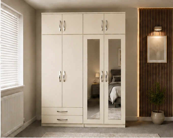Elegant Home Wardrobe Elegant 4 Door Wardrobe with Mirrors and Multiple Storage Drawers - Image 1