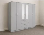 6 Door Light Grey Wardrobe with 3 Drawers & Double Mirrors – Modern Bedroom Storage Cabinet