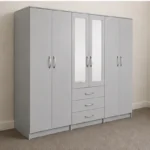 6 Door Light Grey Wardrobe with 3 Drawers & Double Mirrors – Modern Bedroom Storage Cabinet
