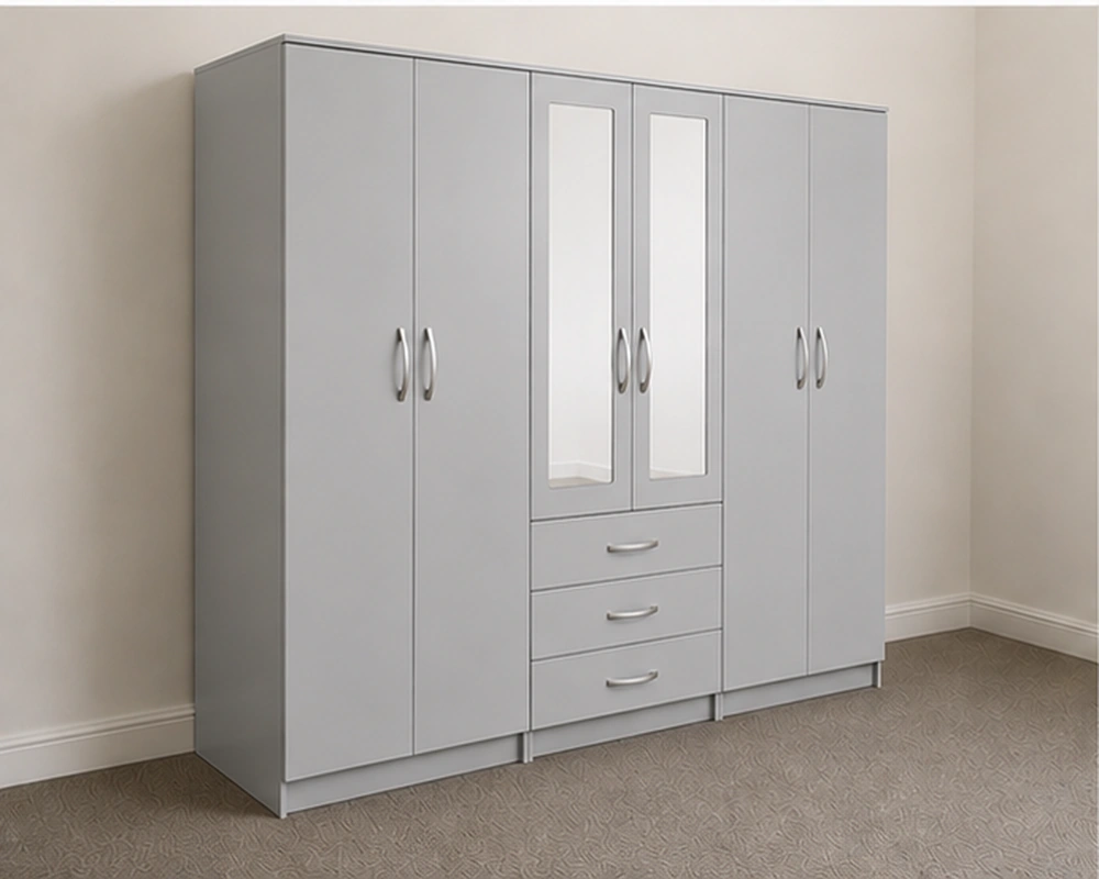 Elegant Multi-Section Double Wardrobe 6 Door Light Grey Wardrobe with 3 Drawers & Double Mirrors – Modern Bedroom Storage Cabinet - Image 1