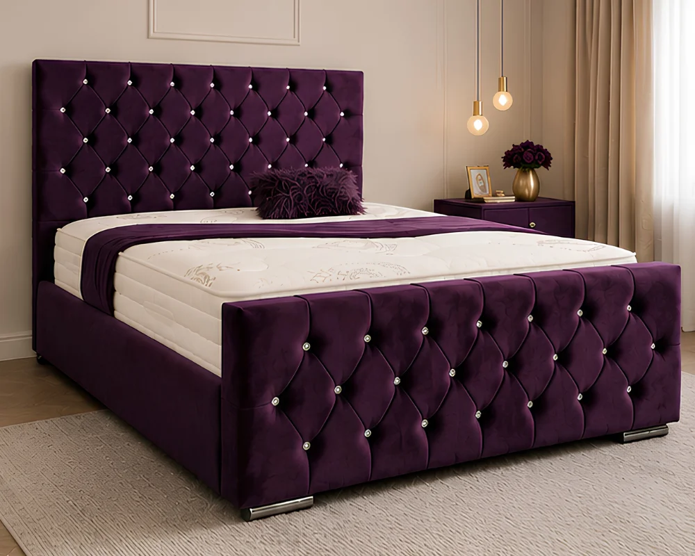 Elegant Purple Upholstered Bed Design Royal Purple Florida King Size Bed – 180 × 200 cm 5ft Tufted Headboard with Mattress - Image 1